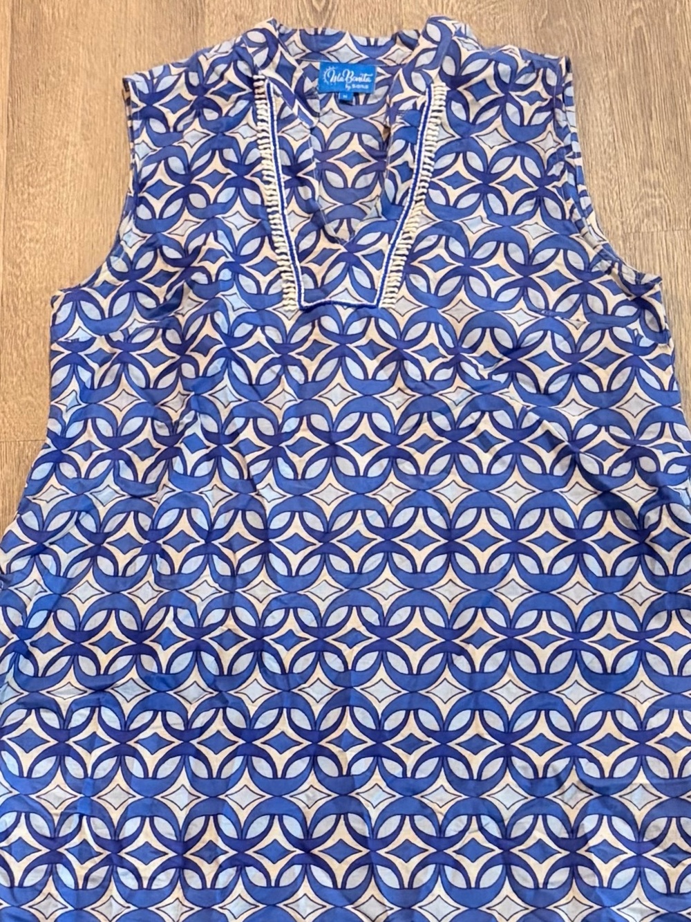 Isla Bonita Blue & White Geometric Sleeveless Asymmetrical Dress